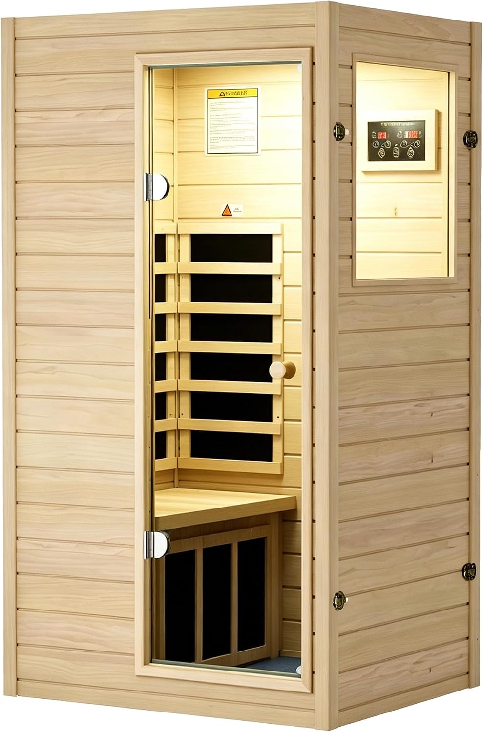 LTCCDSS one-person European aspen infrared sauna with a glass door, side window, and digital control panel