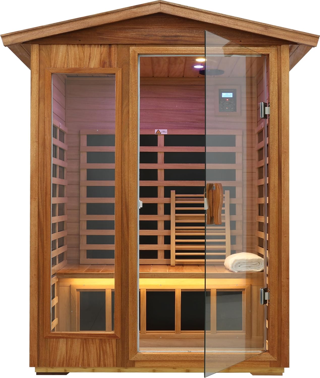 LTCCDSS two-person mahogany outdoor infrared sauna with a peaked roof, side window, and glass door