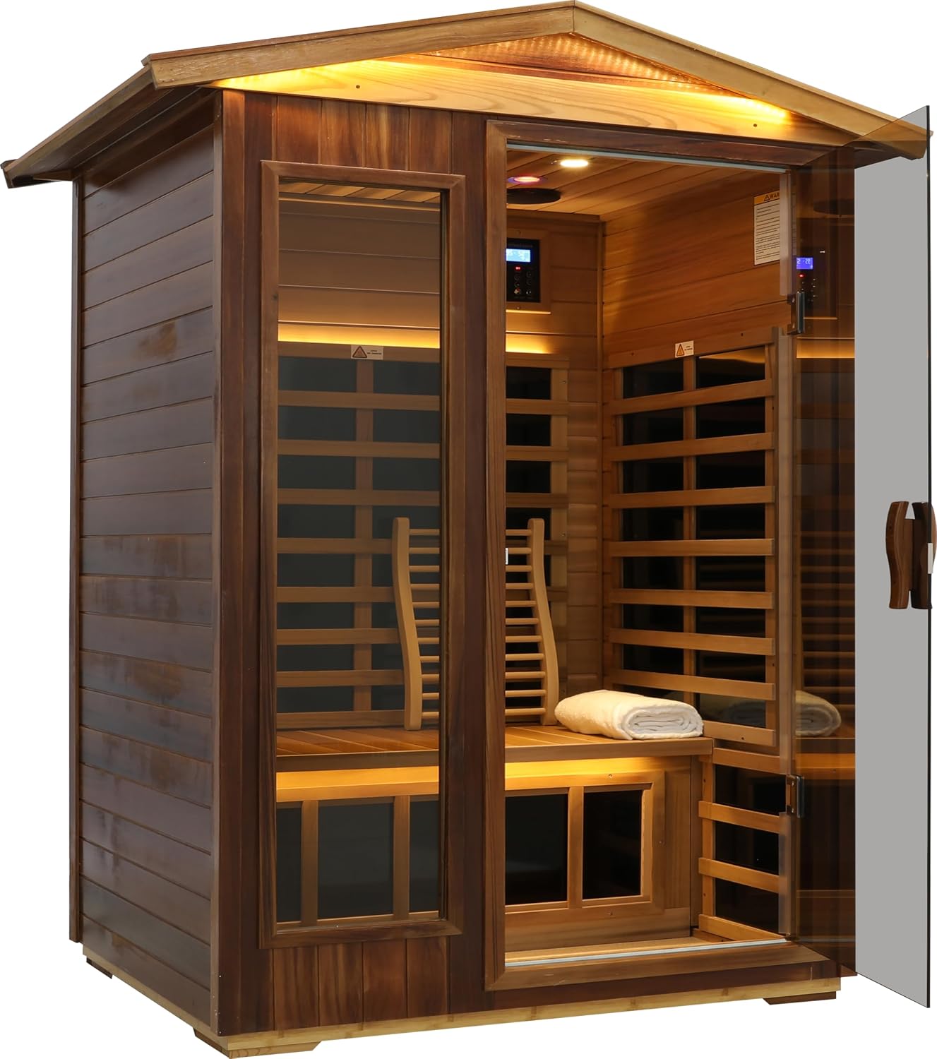LTCCDSS two-person outdoor infrared sauna with a peaked roof, LED trim under the eaves, two backrests, and the glass door open