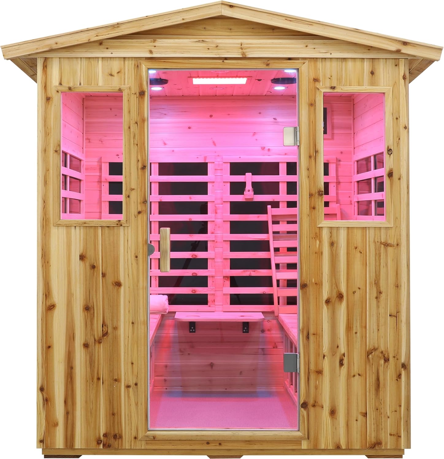 LTCCDSS four-person full-spectrum outdoor sauna in knotty Canadian soft fir with a peaked roof, two side windows, and pink interior lighting
