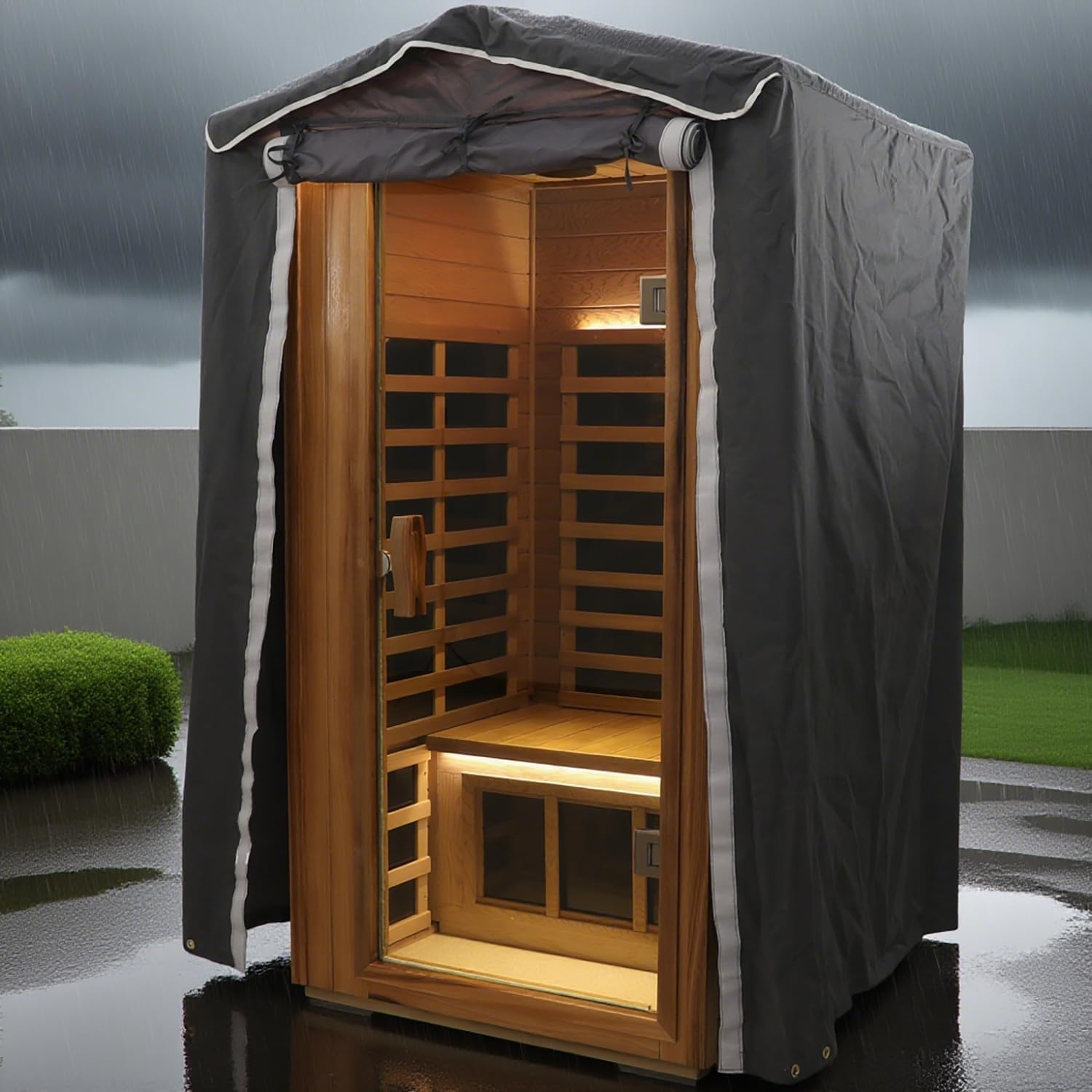 Compact LTCCDSS outdoor infrared sauna in reddish wood, shown under a fitted gray weather cover in the rain