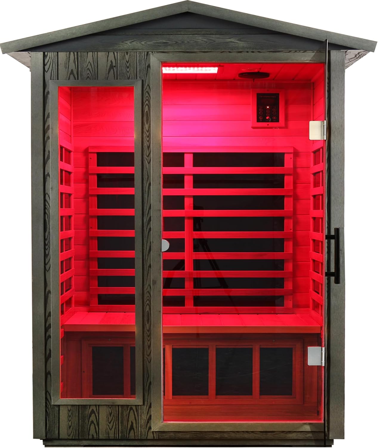 LTCCDSS outdoor infrared sauna with a charcoal-gray exterior, peaked roof, and red chromotherapy lighting inside