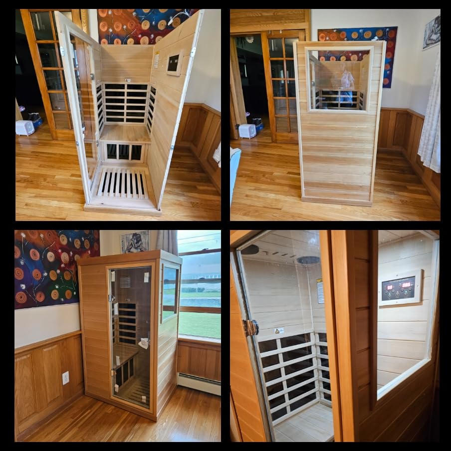 Four photos showing a one-person LTCCDSS sauna during assembly and finished in a home